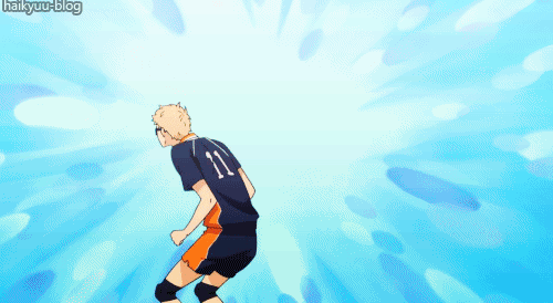 personagens de haikyuu: tsukishima assustado enquanto nishinoya pula ao seu lado até que tanaka chega também fazendo graça