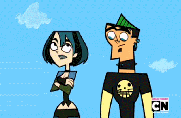 duncan pede beijo pra gwen, sierra aparece do outro lado, então ela fica brava e empurra duncan do penhasco. pers. d total drama