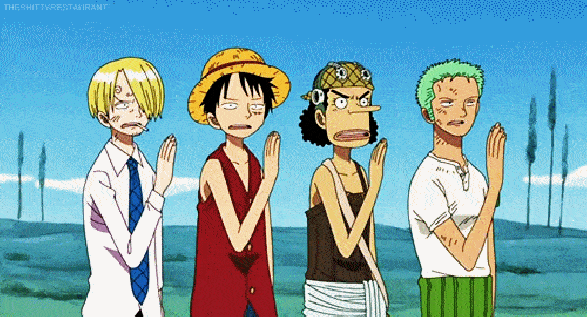 4 personages de One Piece, da esquerda pra direita: Sanji, Luffy, Usopp e Zoro, balançando as mãos e mexendo a boca, em EastBlue