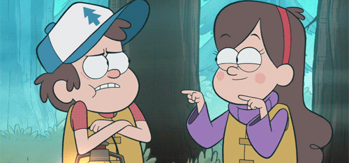 mabel fica cutucando o nariz de dipper simultaneamente mostrando a língua. os dois personagens são de gravity falls.